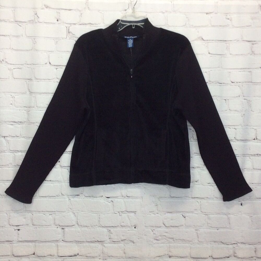 Evan Picone Full Zip Jacket Women's Size XL Black Pockets Velour Sweater Sleeves